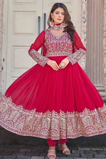 Pink embroidered georgette three-piece Anarkali suit 