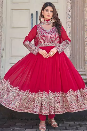 Pink embroidered georgette three-piece Anarkali suit 