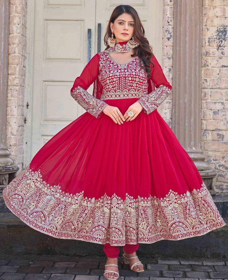 Pink embroidered georgette three-piece Anarkali suit 