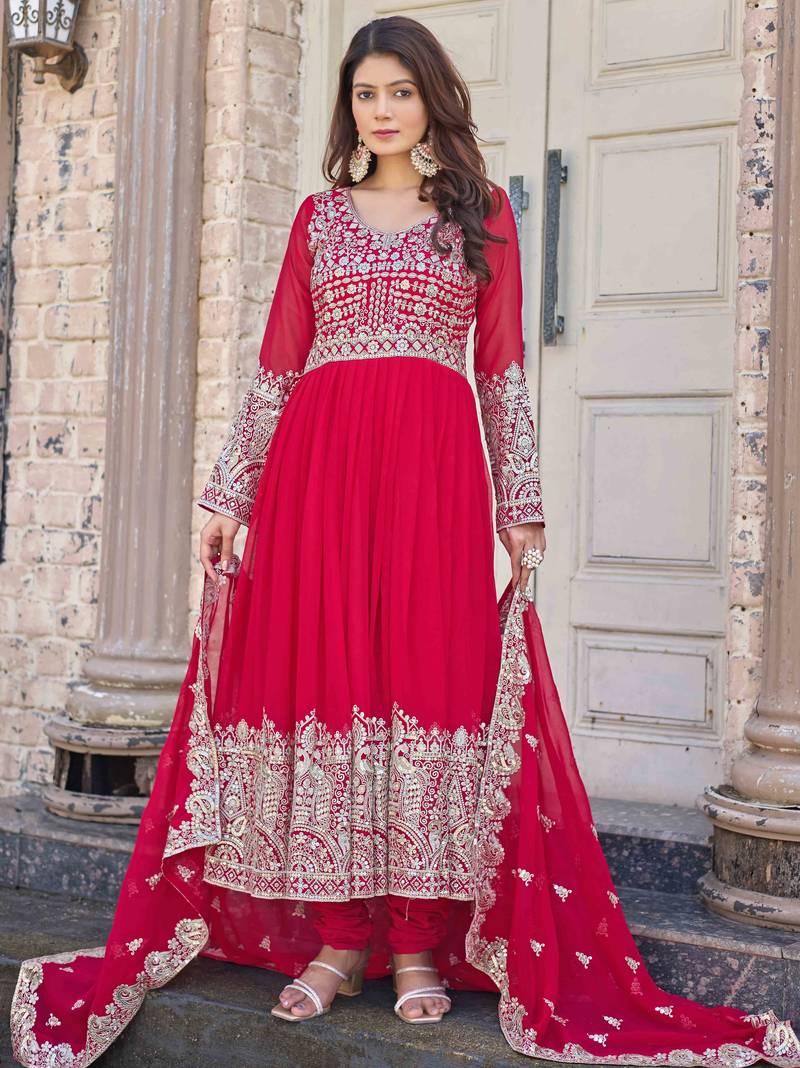 Pink embroidered georgette three-piece Anarkali suit 