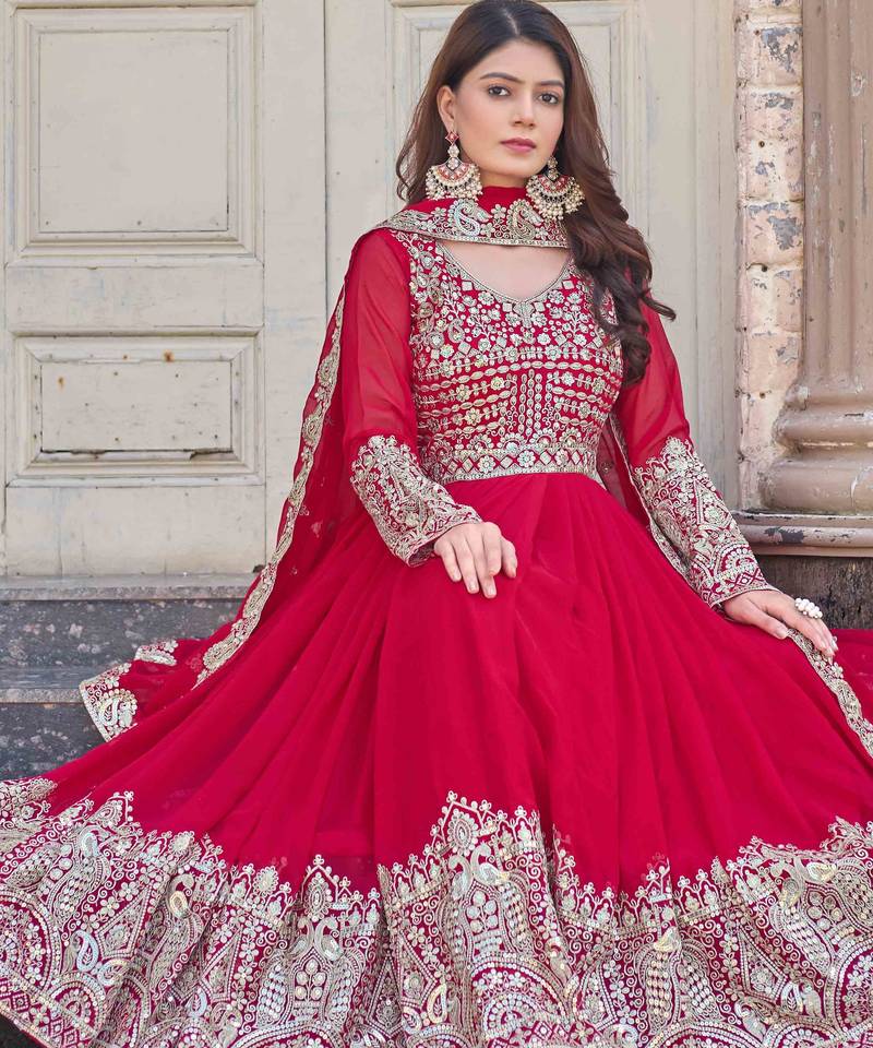 Pink embroidered georgette three-piece Anarkali suit 
