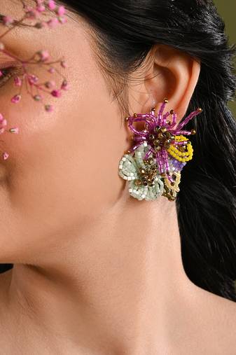 Colourful crystal beaded flower abstart big studs