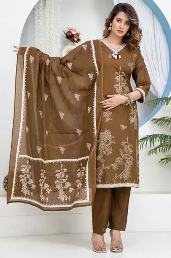 Brown Floral Printed Round Neck Pure Cotton Kurta With Trouser & Dupatta