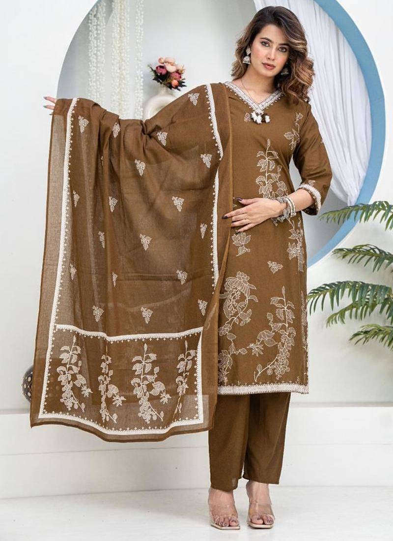 Brown Floral Printed Round Neck Pure Cotton Kurta With Trouser & Dupatta