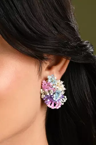 Pearl and colourful flower round stud earrings