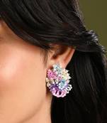 Pearl and colourful flower round stud earrings