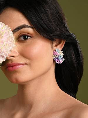 Pearl and colourful flower round stud earrings 2