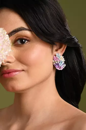 Pearl and colourful flower round stud earrings