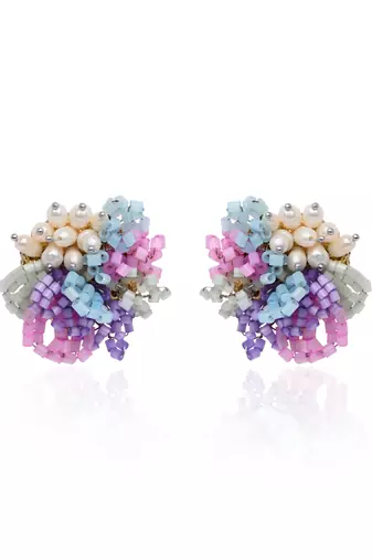 Pearl and colourful flower round stud earrings