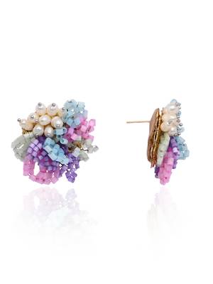 Pearl and colourful flower round stud earrings 4