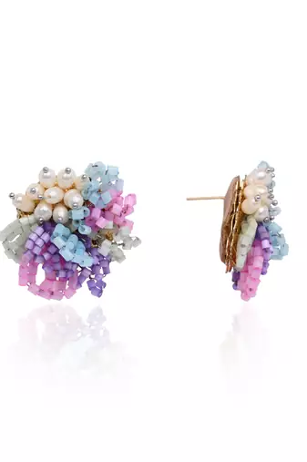 Pearl and colourful flower round stud earrings