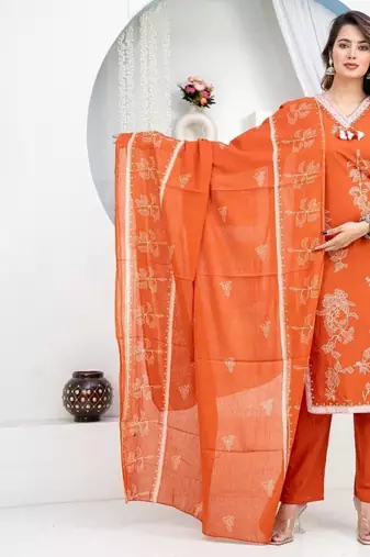 Orange Floral Printed Round Neck Pure Cotton Kurta With Trouser & Dupatta