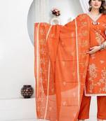 Orange Floral Printed Round Neck Pure Cotton Kurta With Trouser & Dupatta