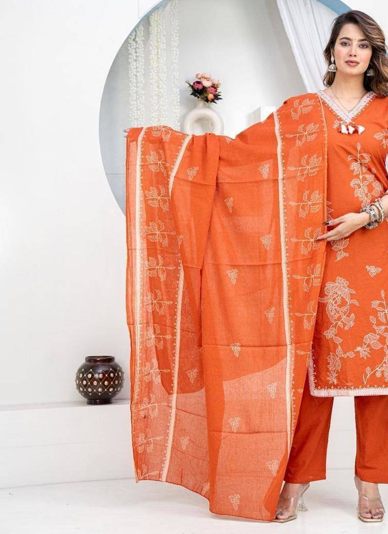 Orange Floral Printed Round Neck Pure Cotton Kurta With Trouser & Dupatta