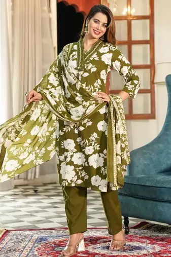 floral printed green round neck pure cotton kurta with trouser & dupatta