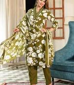 floral printed green round neck pure cotton kurta with trouser & dupatta