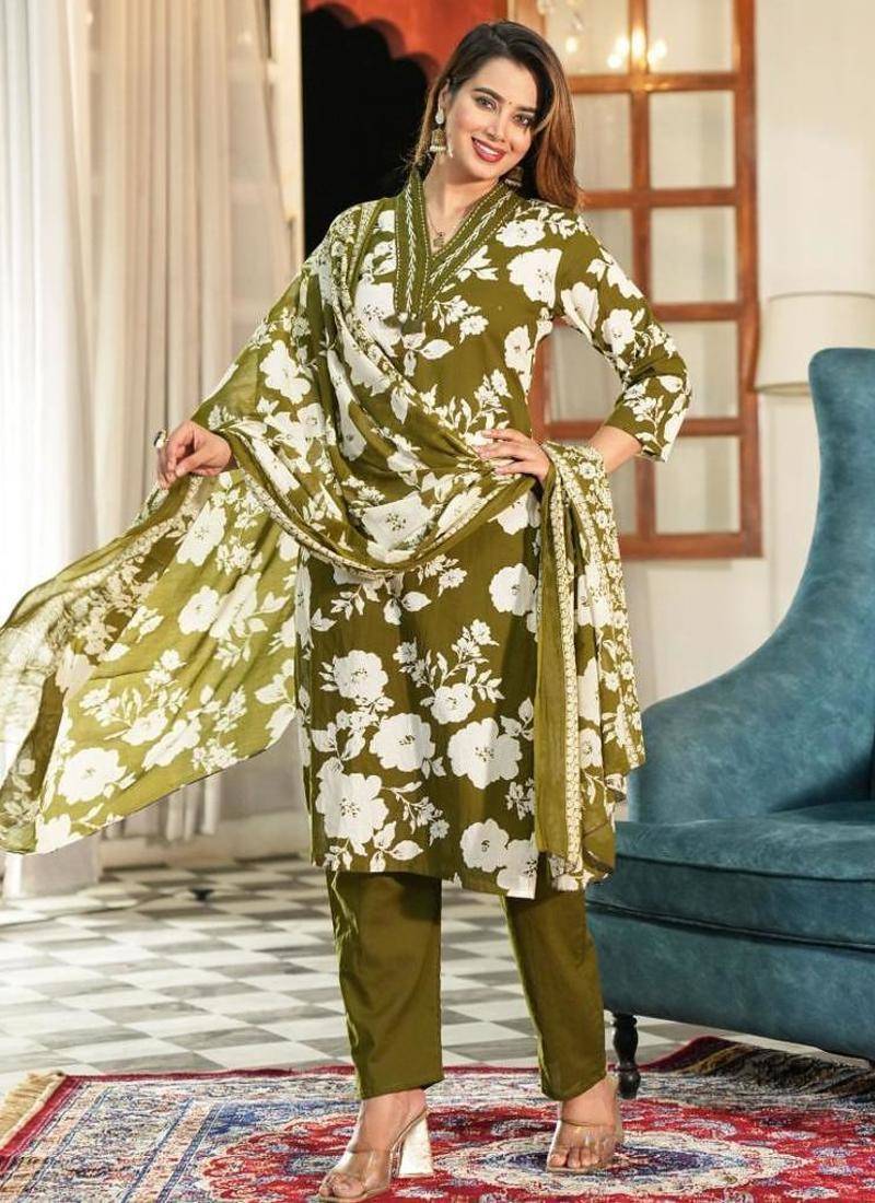 Aaysa floral printed green round neck pure cotton kurta with trouser & dupatta