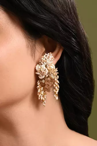 Long white pearl with peach stone gold plated earrings