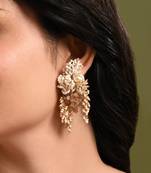 Long white pearl with peach stone gold plated earrings