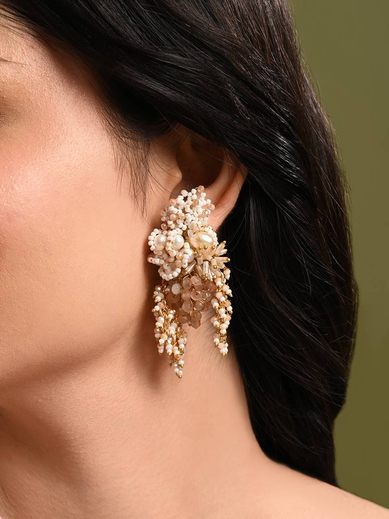 Long white pearl with peach stone gold plated earrings