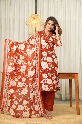 Orange Floral Printed Round Neck Pure Cotton Kurta With Trouser & Dupatta