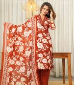 Orange Floral Printed Round Neck Pure Cotton Kurta With Trouser & Dupatta