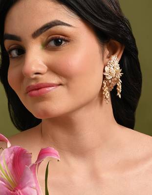 Long white pearl with peach stone gold plated earrings 2