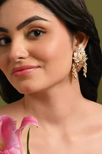 Long white pearl with peach stone gold plated earrings