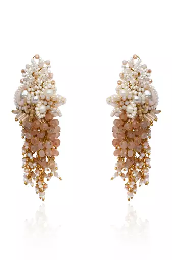 Long white pearl with peach stone gold plated earrings