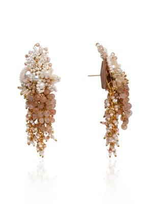 Long white pearl with peach stone gold plated earrings 4