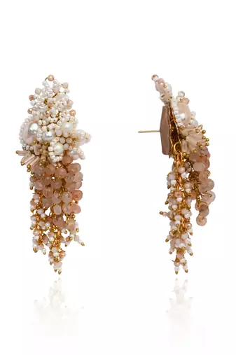 Long white pearl with peach stone gold plated earrings