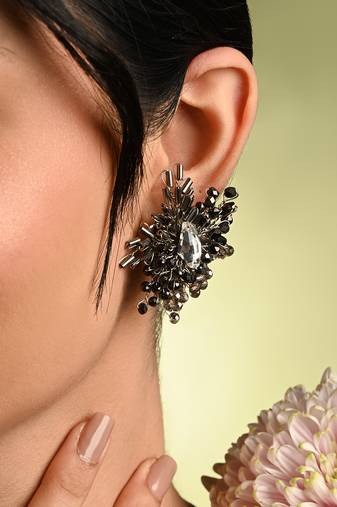 Modern black and silver plated stone stud earrings