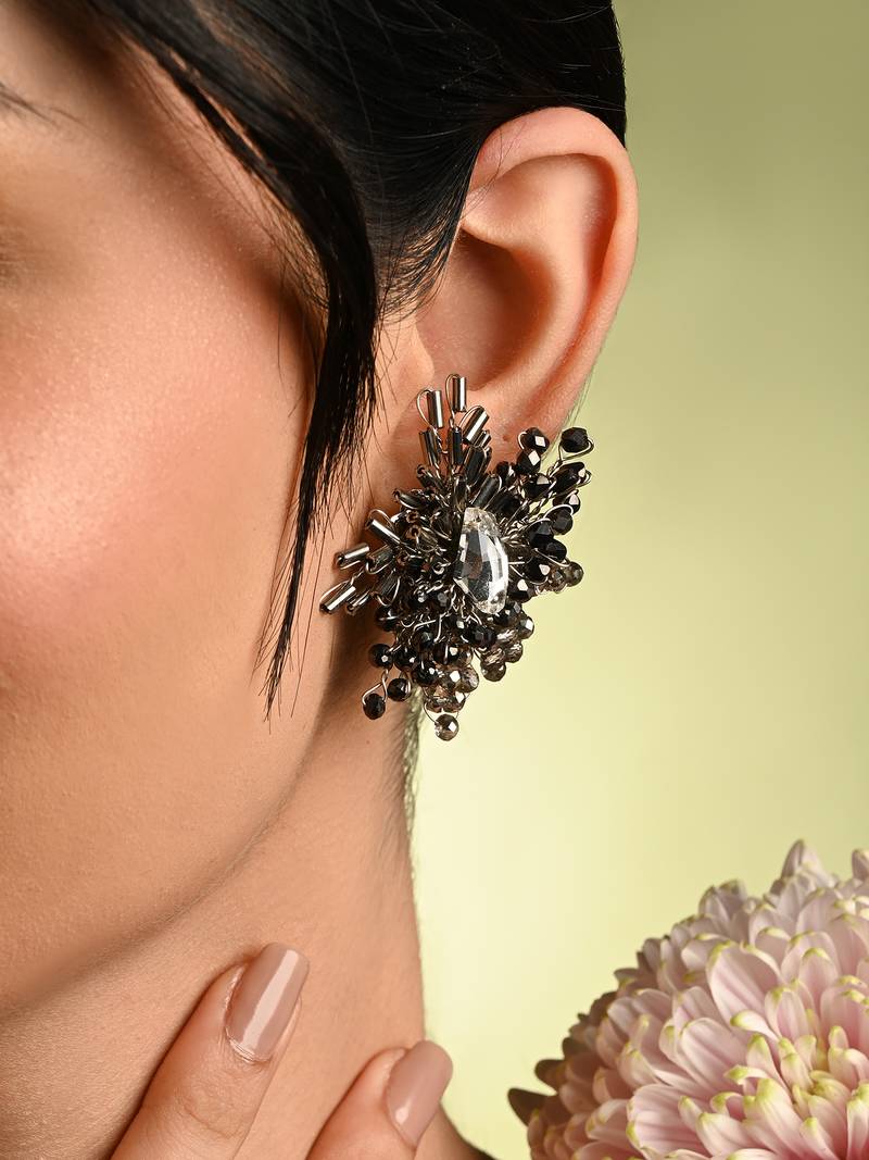 Modern black and silver plated stone stud earrings