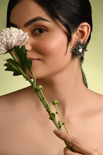 Modern black and silver plated stone stud earrings