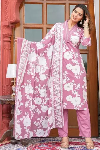 Purple Floral Printed Round Neck Pure Cotton Kurta With Trouser & Dupatta