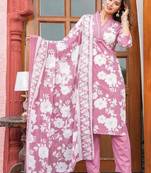 Purple Floral Printed Round Neck Pure Cotton Kurta With Trouser & Dupatta