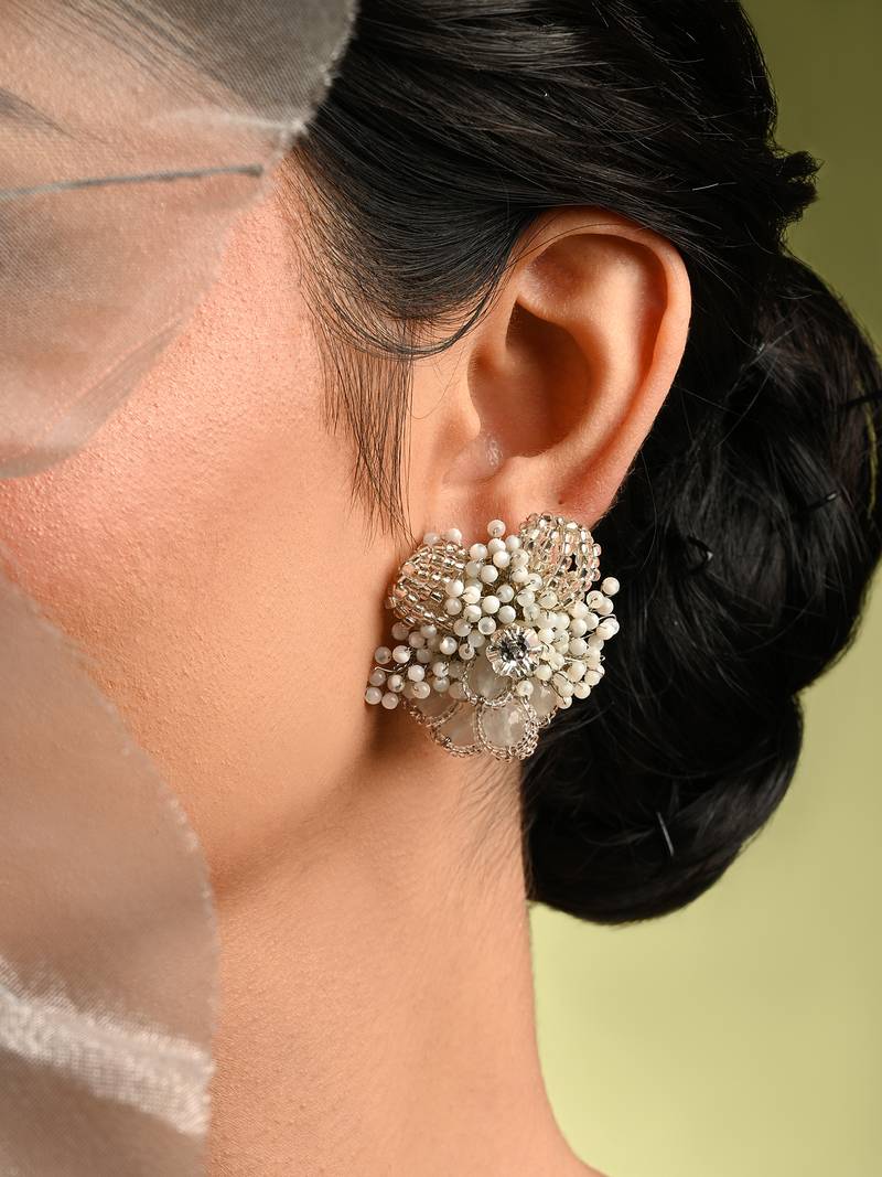Silver plated white floral stone earrings