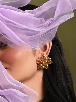 Gold plated metallic abstart earrings for ethnic wedding look 1