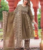 floral embroidered green round neck pure cotton kurta with trouser & dupatta