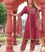 Maroon Floral Embroidered Round Neck Pure Cotton Kurta With Trouser & Dupatta