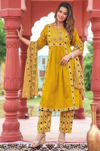 Yellow Floral Embroidered Round Neck Pure Cotton Kurta With Trouser & Dupatta