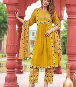 Yellow Floral Embroidered Round Neck Pure Cotton Kurta With Trouser & Dupatta
