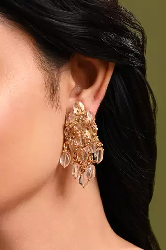 Peach stone oval shape earrings with pink crystal