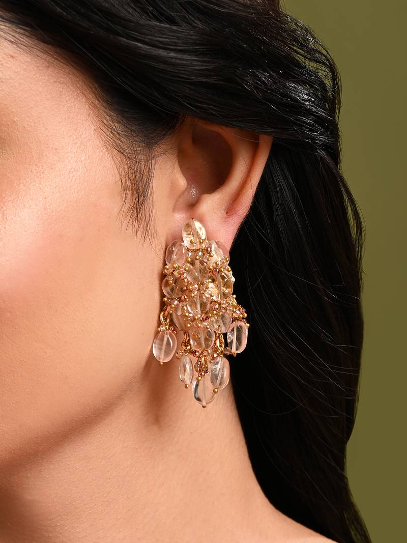 Peach stone oval shape earrings with pink crystal