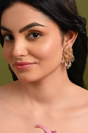 Peach stone oval shape earrings with pink crystal