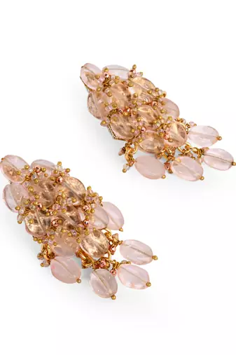 Peach stone oval shape earrings with pink crystal