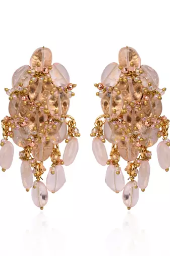 Peach stone oval shape earrings with pink crystal
