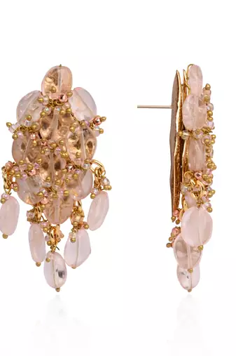 Peach stone oval shape earrings with pink crystal