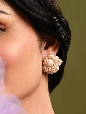 Gold plated round flower pearl earrings peach crystal 1