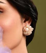 Gold plated round flower pearl earrings peach crystal